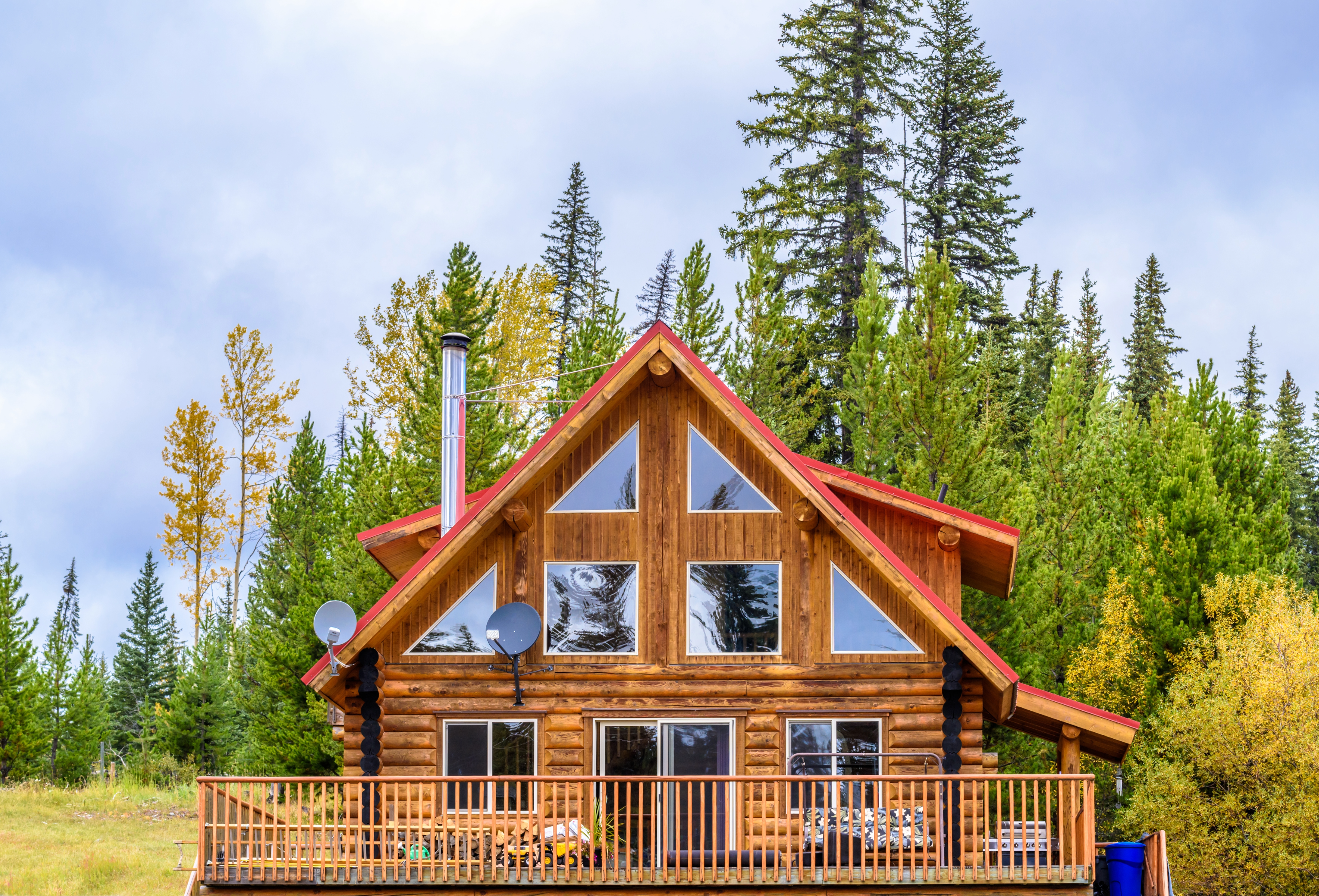 Rustic log cabin with deck in pine forest