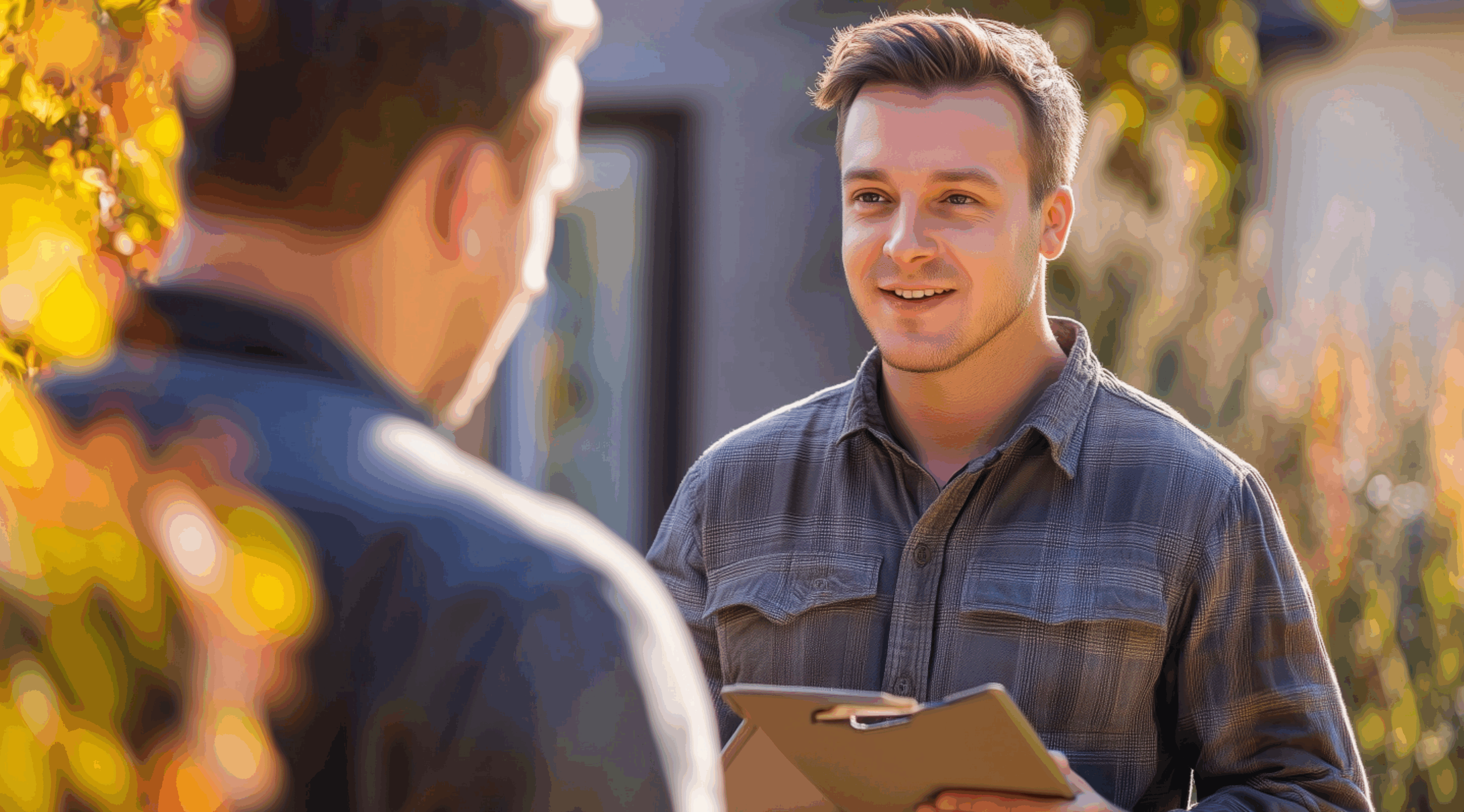 Man holding clipboard smiling outdoors